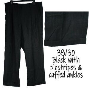 38/30 Black Pinstrip Dress Pants A[X]IST Mens Suit Slacks 4 Pockets Cuffed EUC